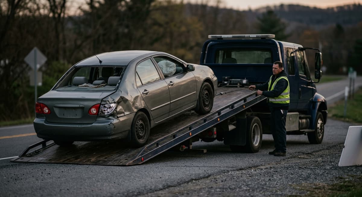 una grua de remolque cargando un auto danado en la orilla de la carretera al anochecer