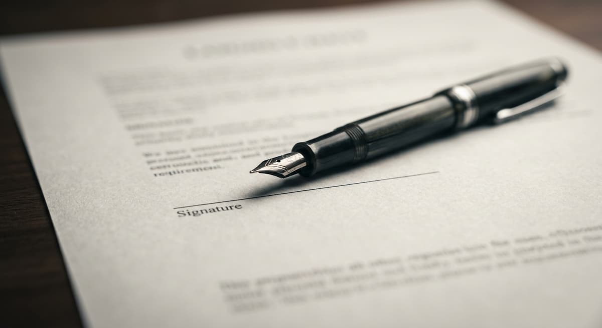 una pluma fuente apoyada sobre la linea de firma de un documento impreso