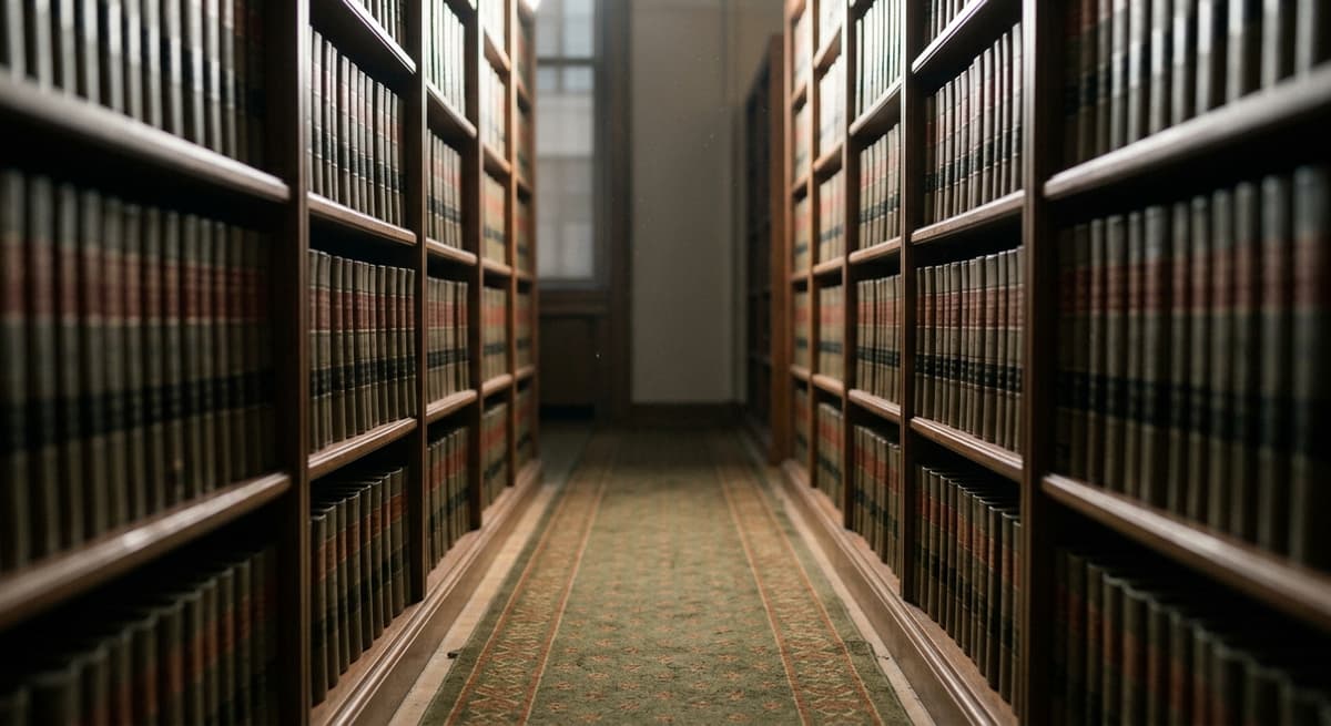 un pasillo tranquilo de biblioteca juridica con estantes altos de volumenes legales encuadernados