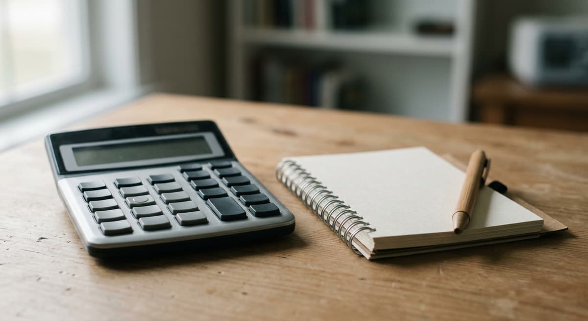 una calculadora y una libreta sobre un escritorio con luz tenue de dia