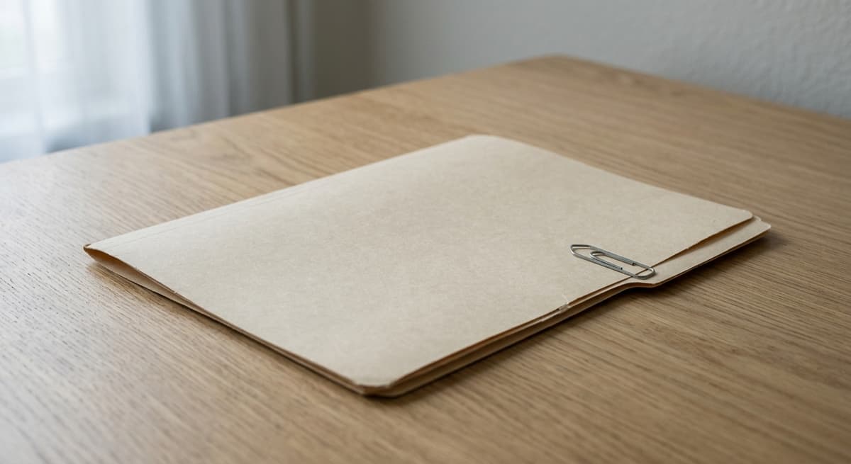 una carpeta manila cerrada con un clip de papel sobre un escritorio limpio