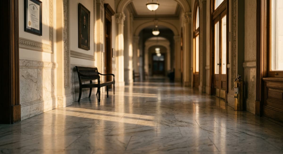official government building hallway with marble floors