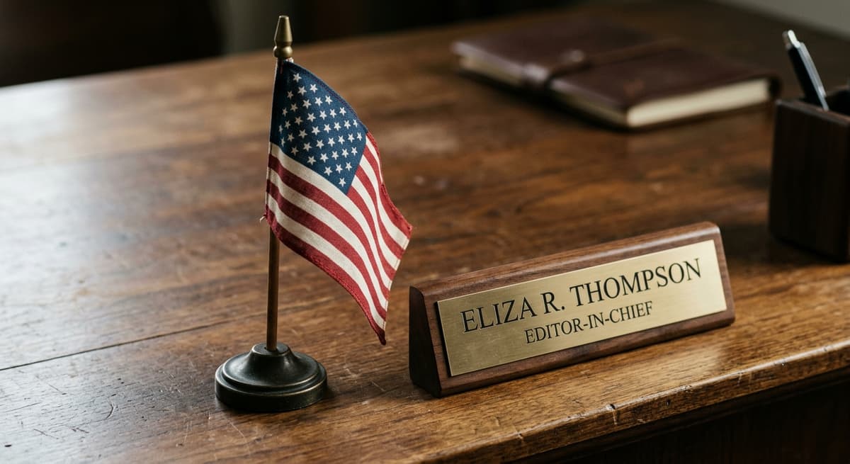 small American flag standing on a desk beside a nameplate