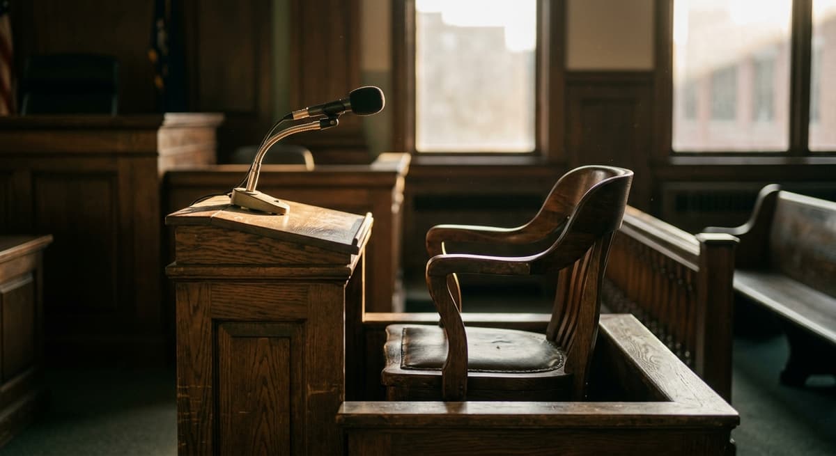 witness chair in a courtroom with a microphone