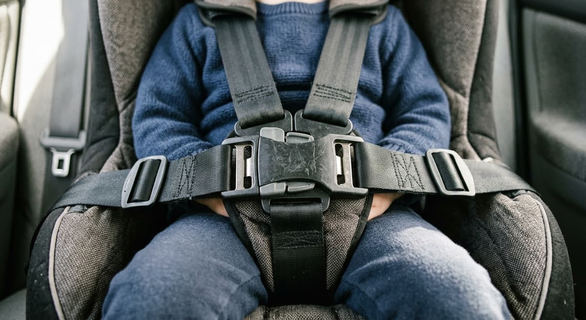 Primer plano de un broche de arnés de cinco puntos abrochado en un asiento de auto para niños