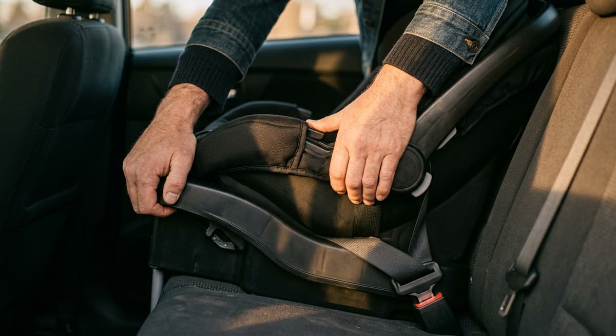 Dos manos presionando hacia abajo para ajustar un asiento de auto en el asiento trasero, recortado, sin rostro