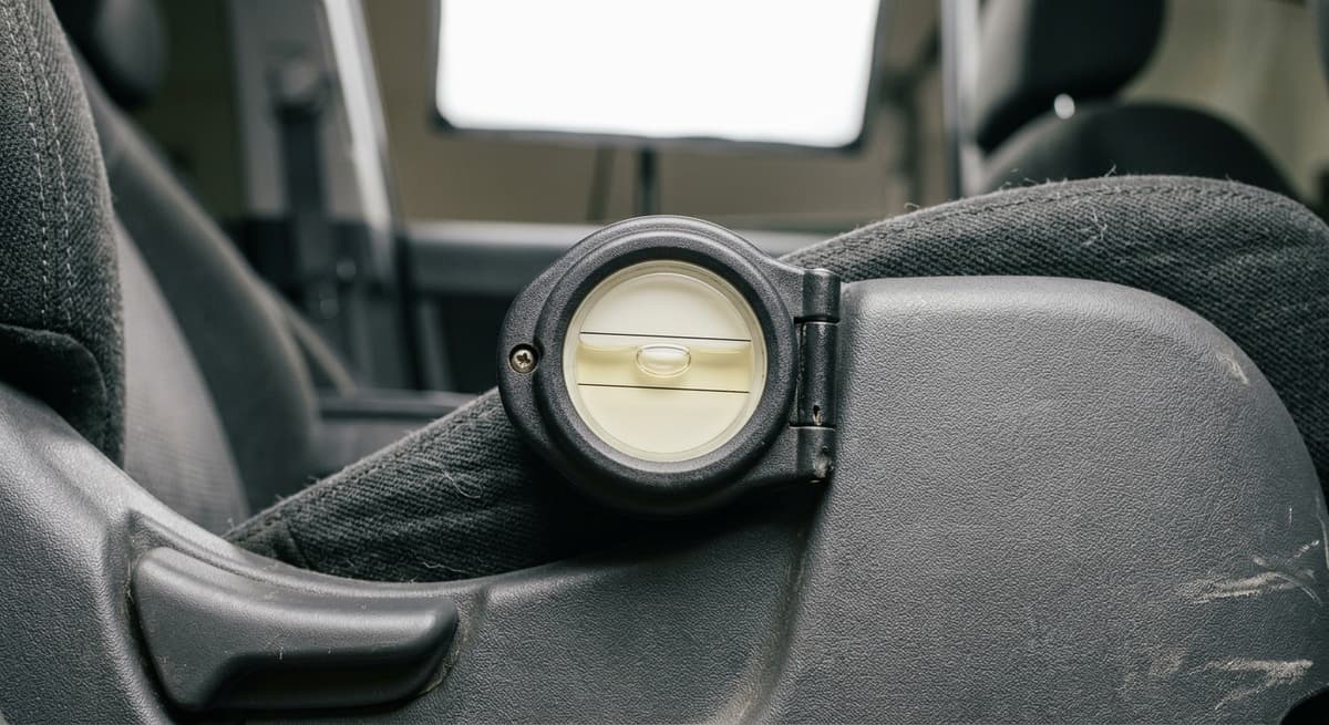 Un indicador de nivel de burbuja del ángulo de reclinación en el lado de un asiento de seguridad, esfera en blanco