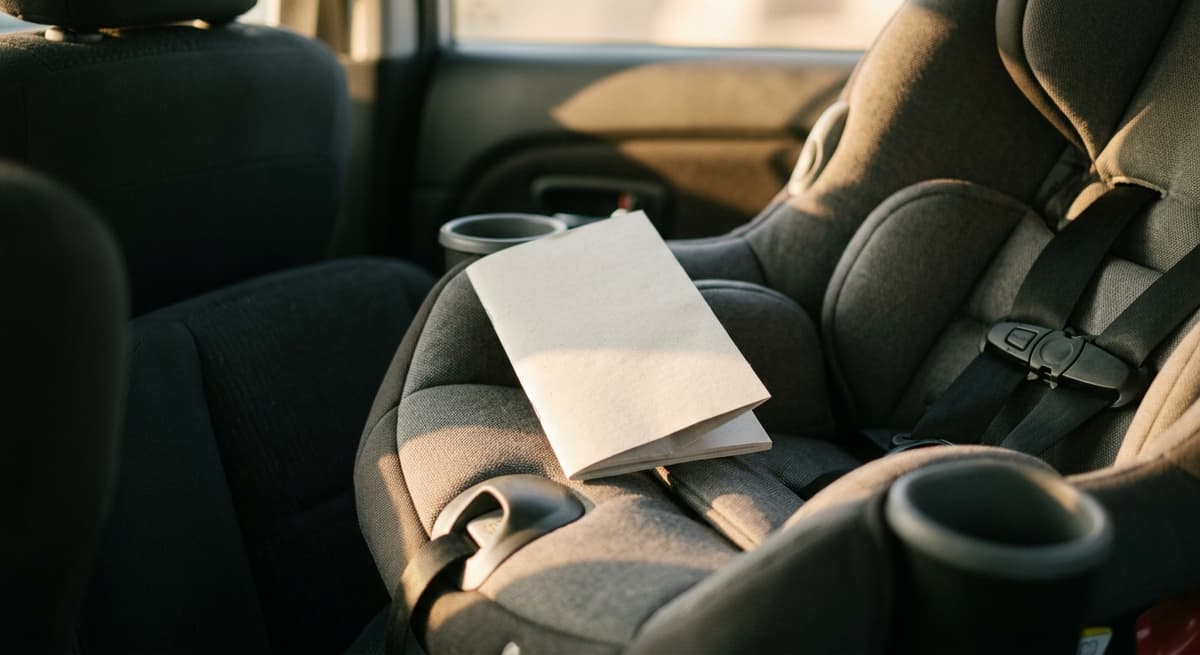 A folded blank instruction booklet resting on a child car seat