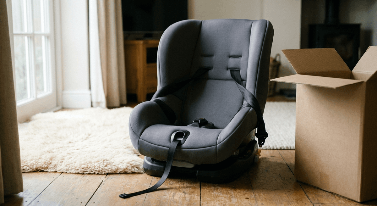 a grey child car seat on a wooden living room floor next to an open cardboard box