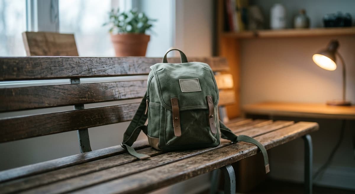 una mochila pequena de nino sobre una banca, sin personas