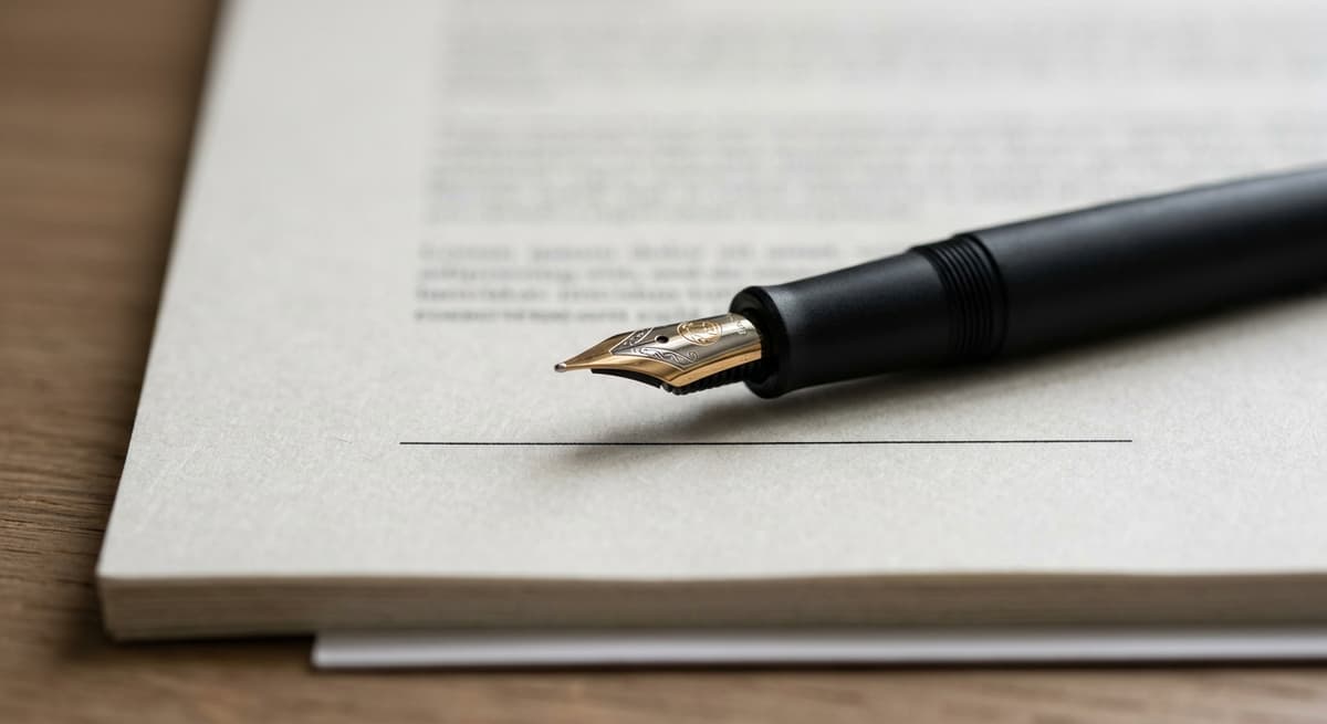 una pluma fuente apoyada sobre la linea de firma de un acuerdo impreso