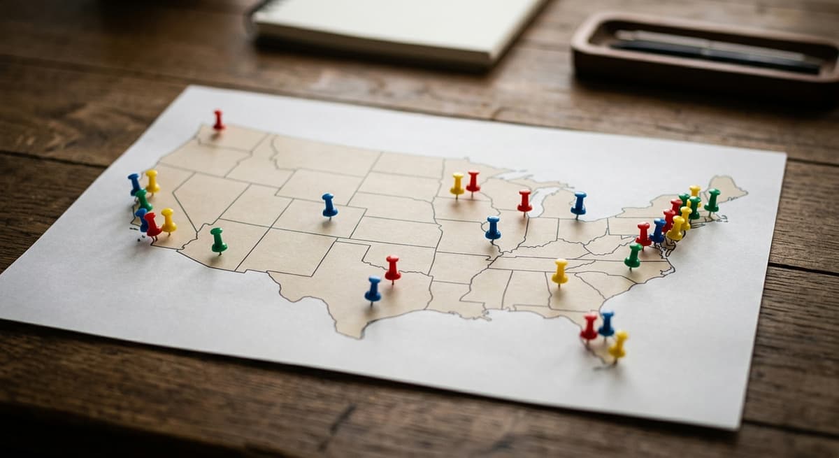un mapa impreso de los Estados Unidos sobre un escritorio con alfileres de colores