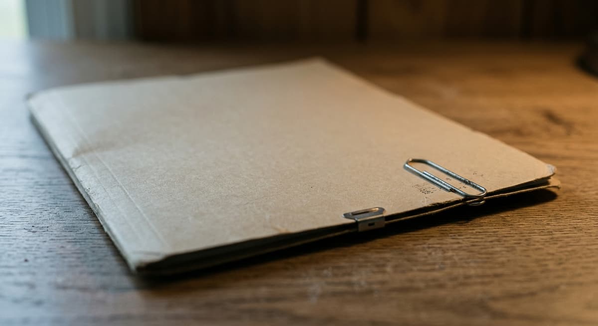 una carpeta de manila cerrada con un clip sobre un escritorio limpio