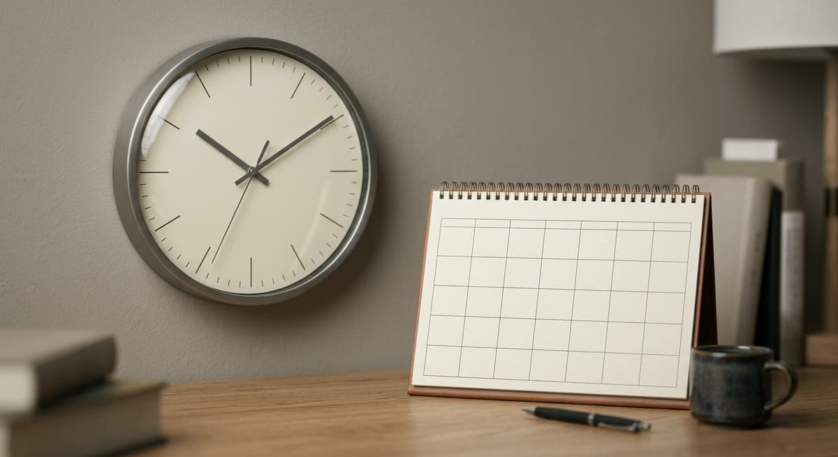 un reloj de pared y un calendario sobre un escritorio con luz diurna suave