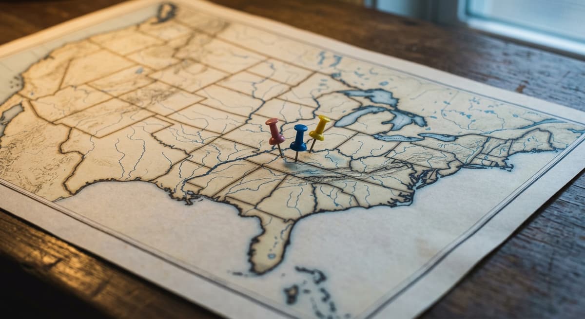 un mapa impreso de los Estados Unidos sobre un escritorio con algunos pequeños alfileres de colores