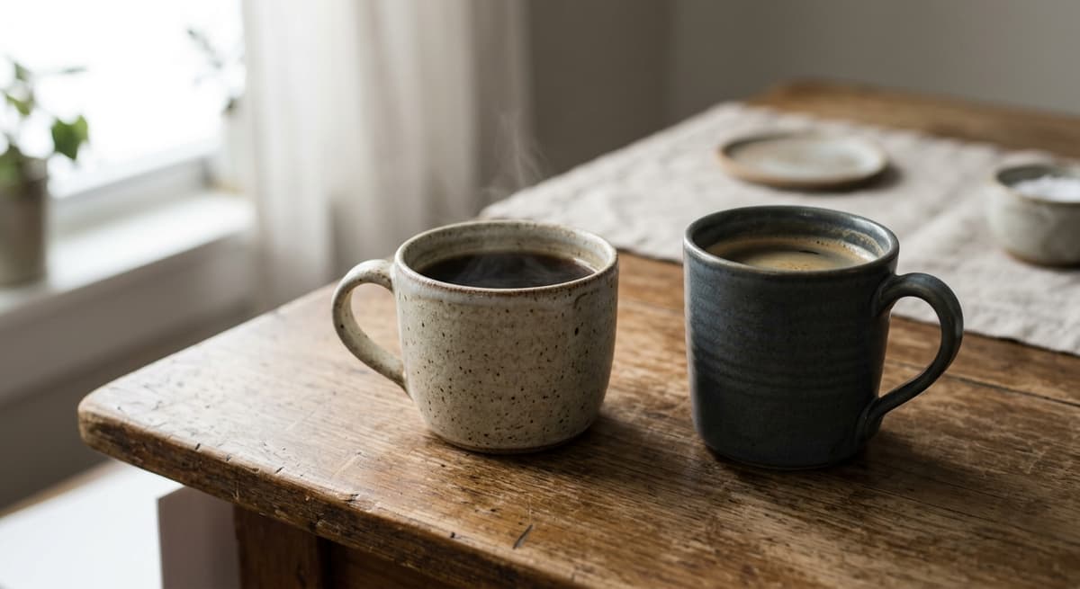 dos tazas de cafe una al lado de la otra sobre una mesa de cocina con la luz de la manana