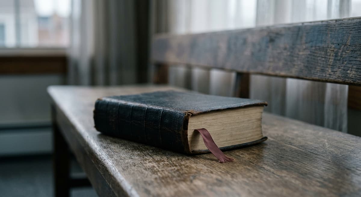 un libro de leyes cerrado con un marcador de cinta descolorido apoyado sobre un banco