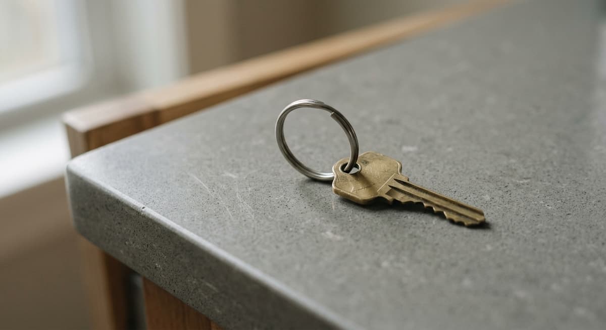 una sola llave de casa en un llavero sencillo apoyada sobre una encimera