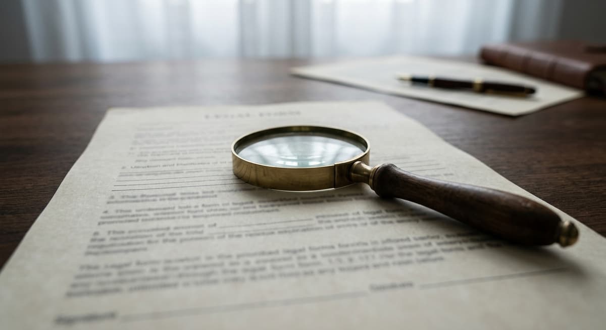 una lupa apoyada sobre un formulario legal impreso en un escritorio