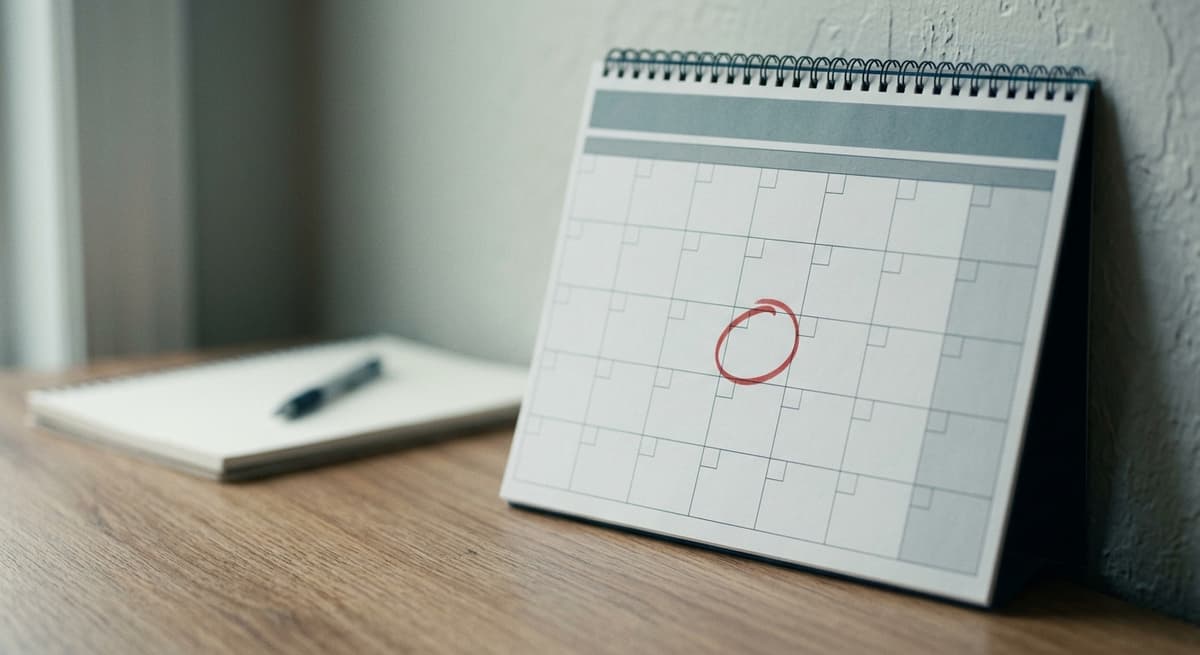 un calendario de pared con una fecha rodeada con marcador rojo sobre un escritorio