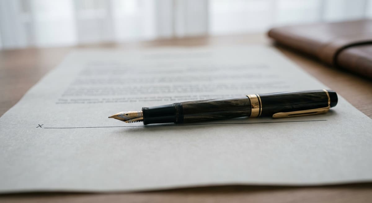 una pluma estilografica apoyada sobre la linea de firma de un documento impreso