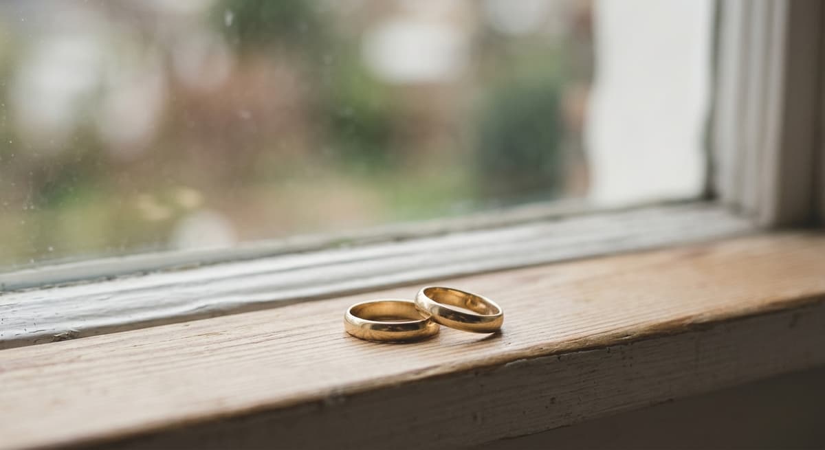 dos sencillas alianzas de boda apoyadas sobre el alfeizar de una ventana iluminada por el sol