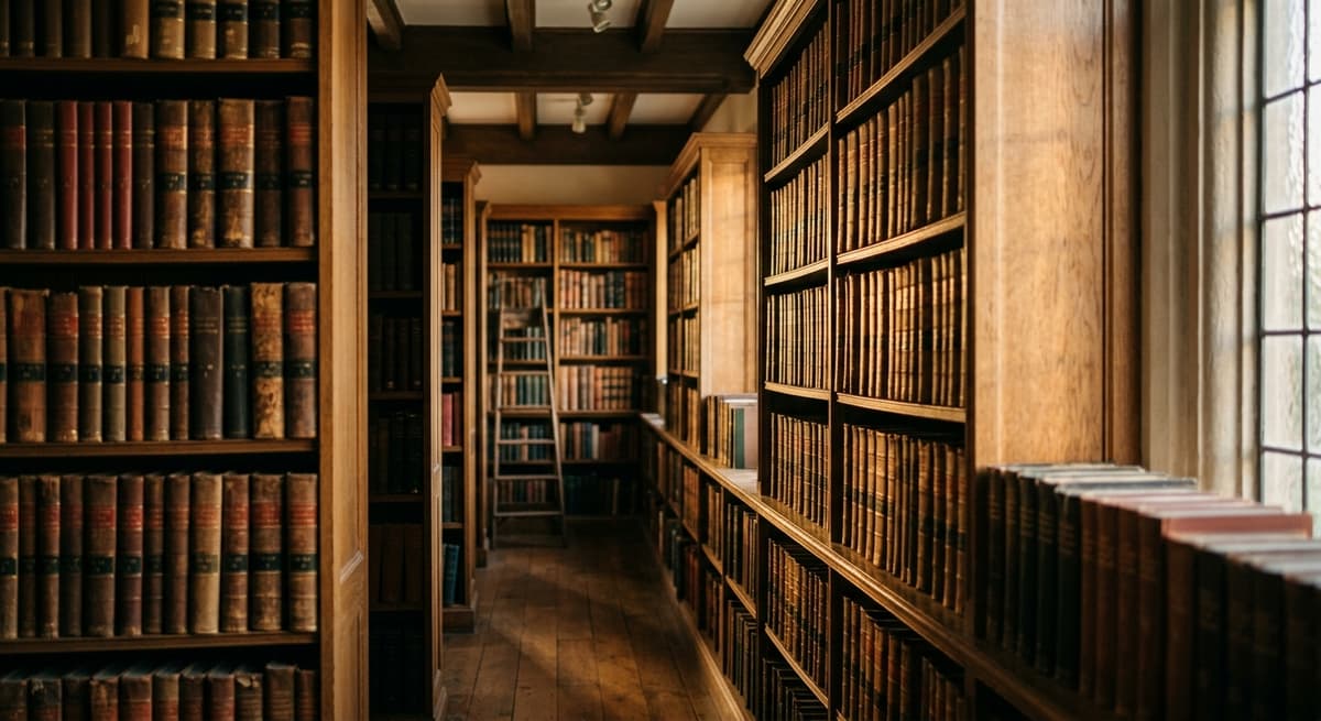un pasillo tranquilo de una biblioteca jurídica con estantes altos de tomos legales encuadernados