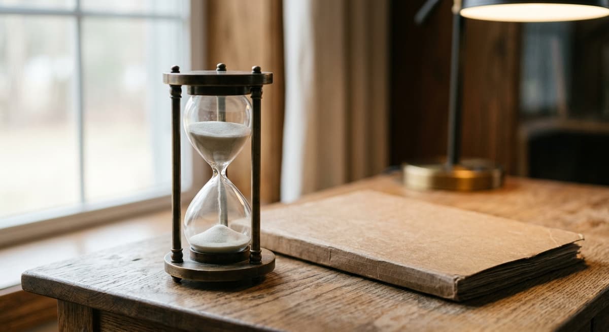 un reloj de arena sobre un escritorio junto a una carpeta cerrada con suave luz de ventana