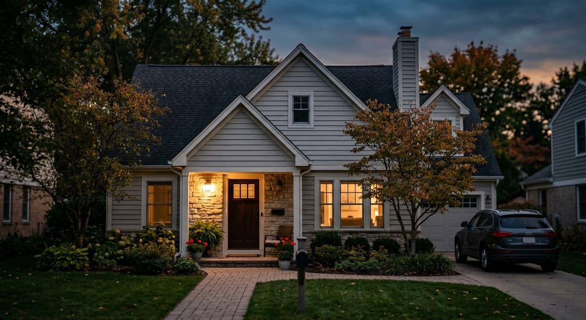 el exterior de una casa suburbana al atardecer con una calida luz de portico