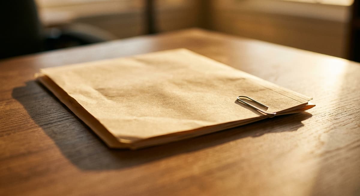 una carpeta de manila cerrada con un clip de papel sobre un escritorio limpio