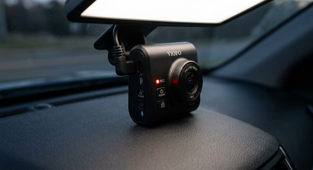 Primer plano de Misuri de un indicador led rojo de grabacion encendido en la cara de un dispositivo dashcam