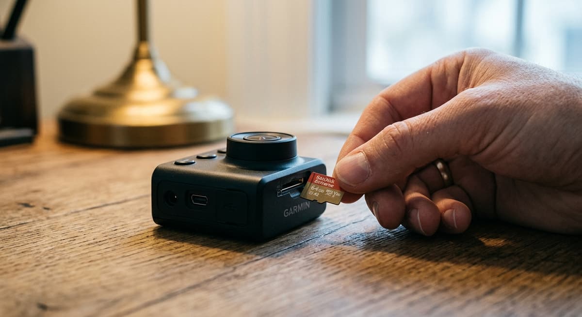 Maine tarjeta micro sd siendo insertada en la ranura de un pequeno dispositivo de camara de tablero