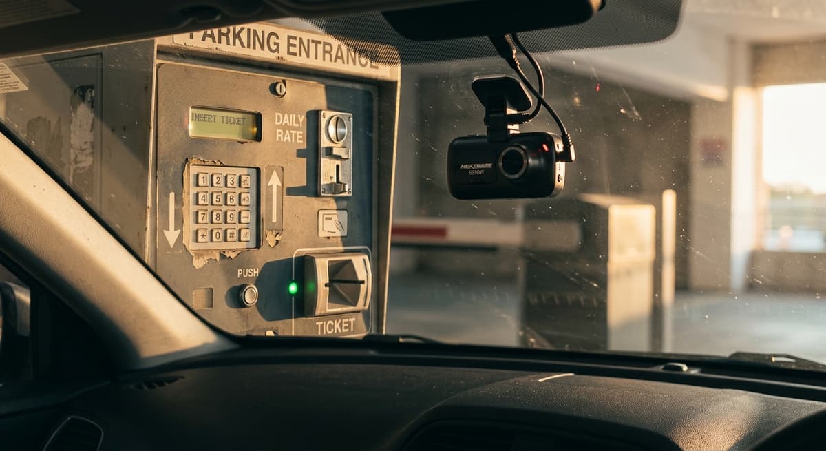 Nevada maquina expendedora de boletos en la entrada de un estacionamiento con una dashcam visible a traves de la ventanilla de un auto