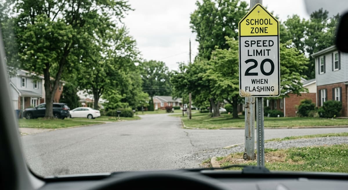 Letrero de limite de velocidad en zona escolar en una calle residencial de Arkansas, captado al nivel del parabrisas