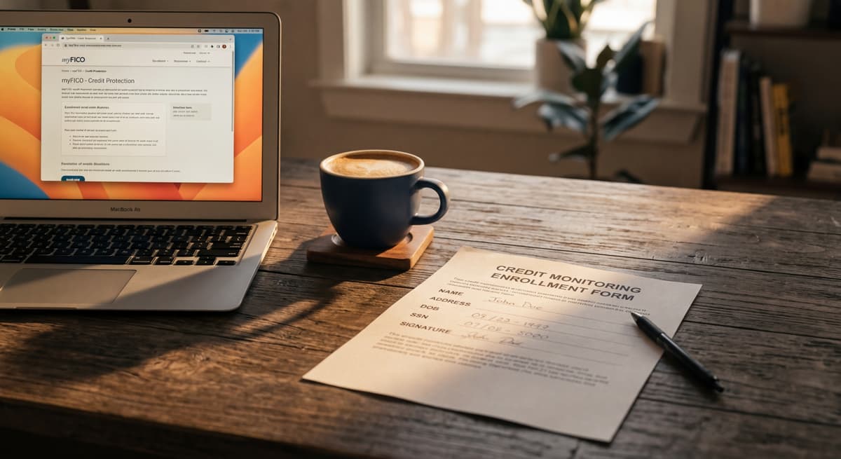 credit monitoring enrollment form on a desk beside a laptop and a coffee cup