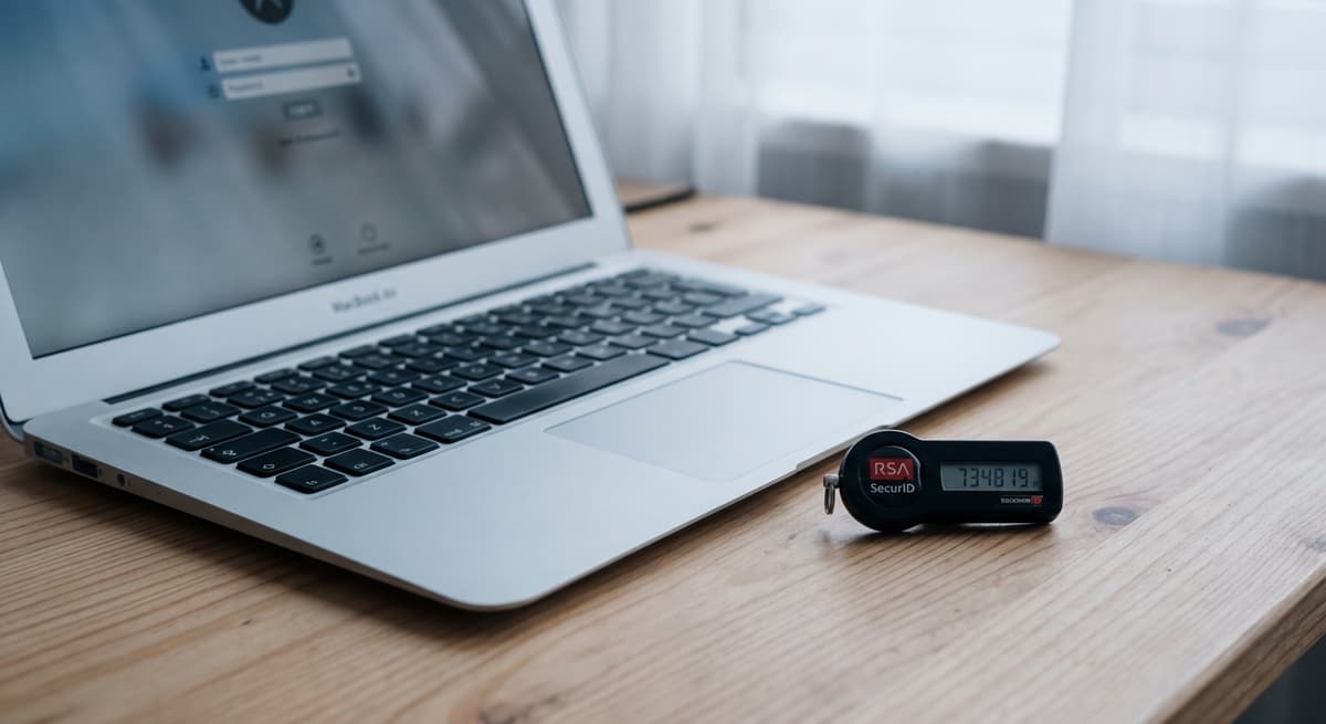 two-factor authentication token device beside a laptop on a clean desk