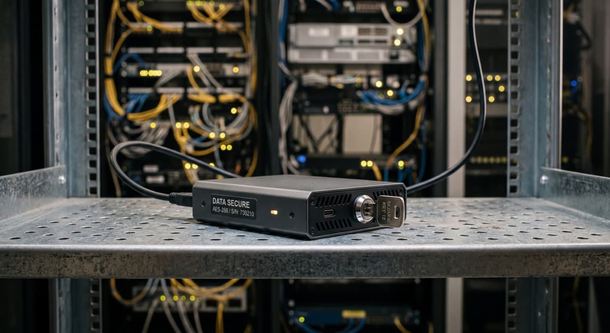 encrypted hard drive with a physical key inserted, sitting on a server room shelf