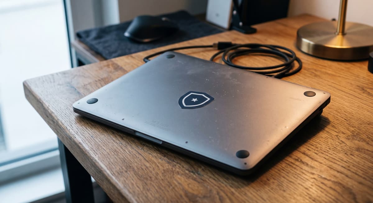 laptop with a sticker showing a simple shield icon on the lid, closed on a desk