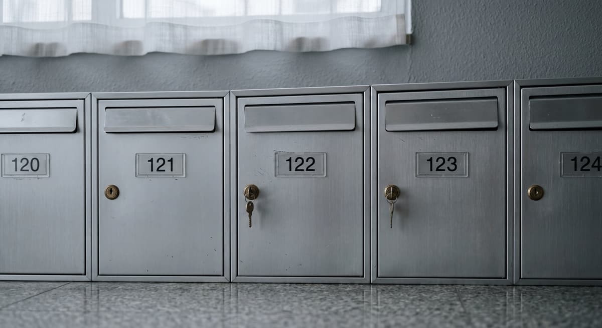 row of identical mailboxes in an apartment building lobby