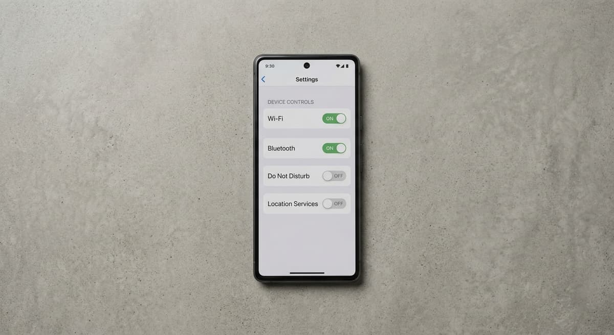 A smartphone settings screen with connectivity and privacy toggles, illustrating where app-store age checks now appear for Texas users