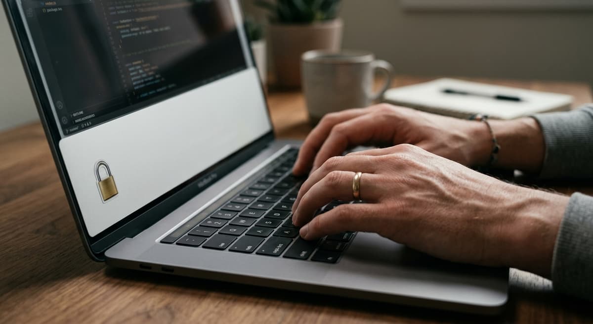 hands typing on a laptop keyboard, small padlock sticker visible on the laptop lid