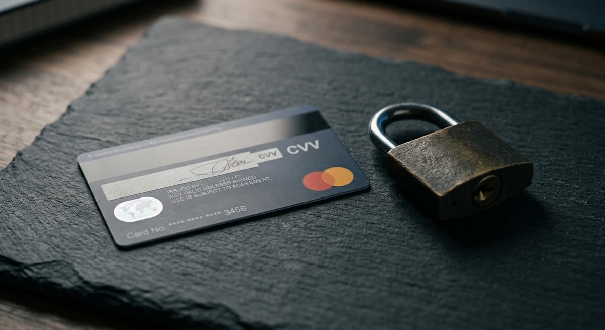 credit card lying face down on a dark surface with a small padlock beside it