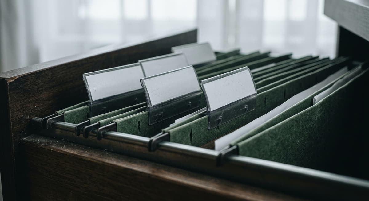 a row of labeled hanging file folders in an open drawer