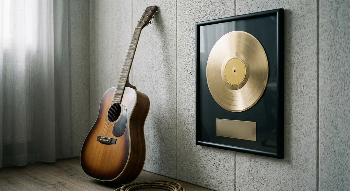 guitar leaning against a studio wall beside a framed gold record, warm stage lighting