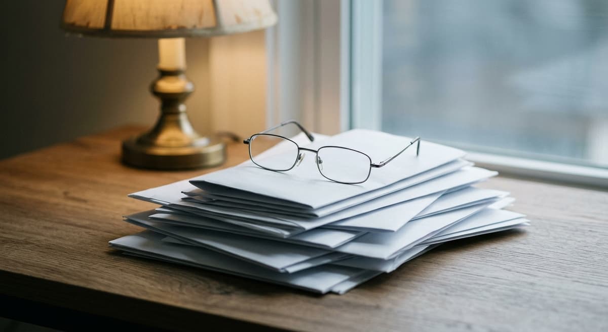 stack of cease and desist letters on a desk with a pair of reading glasses on top