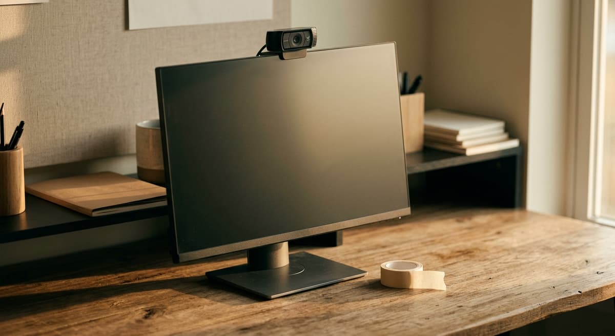 webcam on a monitor with a small piece of tape ready beside it, home office desk
