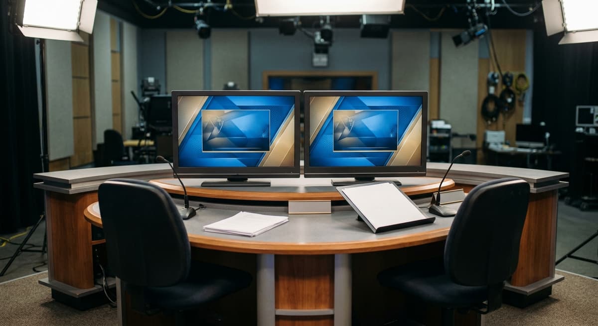 television studio news desk with two identical monitors showing the same paused frame