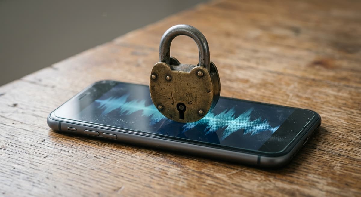 padlock resting on a smartphone with a waveform pattern on its lock screen