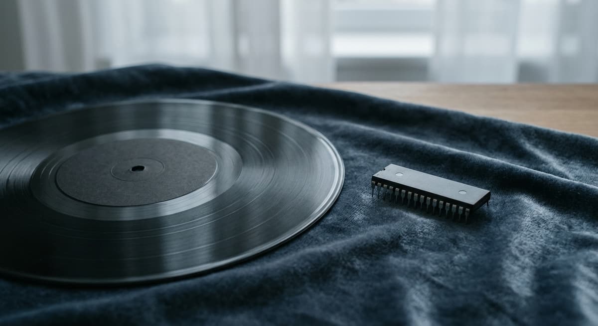 vinyl record and a microchip placed side by side on a velvet cloth