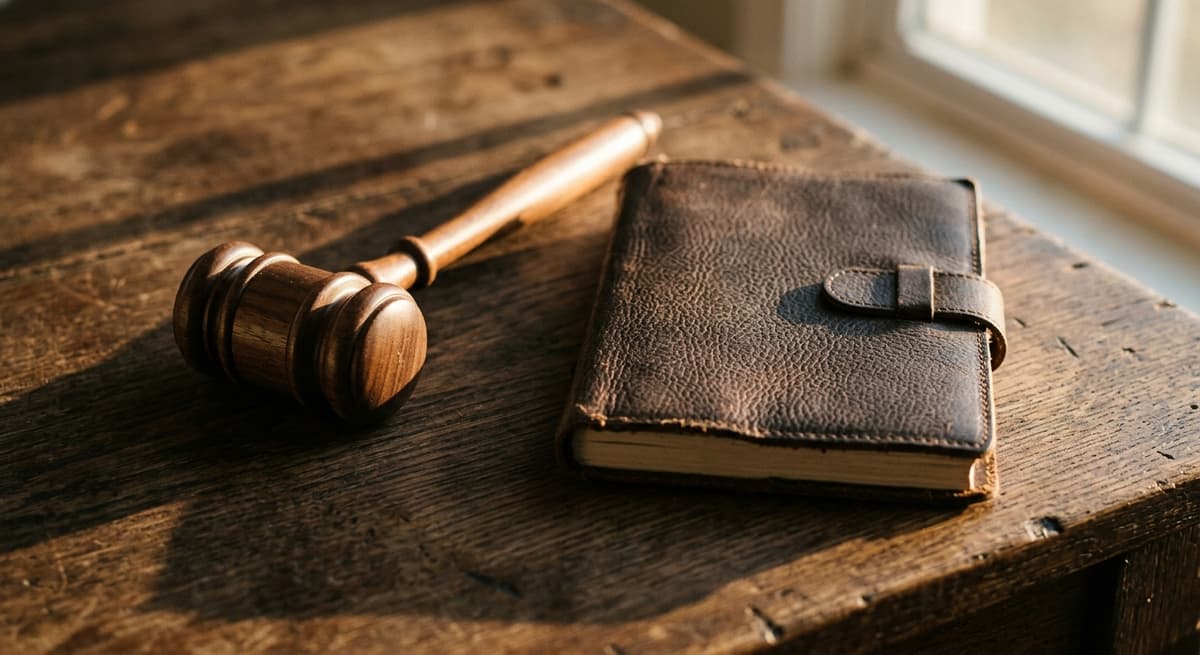 a wooden gavel beside a closed leather notebook on a desk